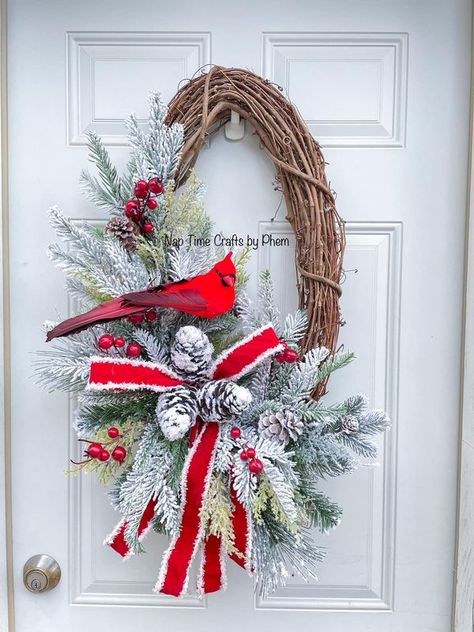 Wreaths & Bows : Inspiration and Ideas by Wreath & Bow Co | A Cardinal winter wreath that I made | Facebook Christmas Bazaar Crafts, Cardinal Winter, Cardinal Wreath, Cardinal Decor, Historical Christmas, Bazaar Crafts, Wreath Winter, Xmas Wreaths, Christmas Swags