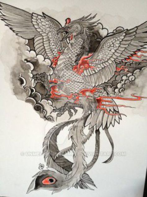 Phoenix tattoo design by Unmei-Wo-Hayamete on @DeviantArt Tattoo Japonais, Tato Phoenix, Japanese Phoenix Tattoo, Tattoo Side, Phoenix Drawing, Japanese Drawing, Tato Tradisional, Phoenix Bird Tattoos, Phönix Tattoo