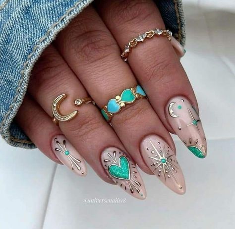 Epic Nails Designs, Burning Man Nails, Nails Spiritual, Lunar Nails, Spiritual Nails, Mystical Nails, Coachella Nails, Mystic Nails, Cosmic Nails