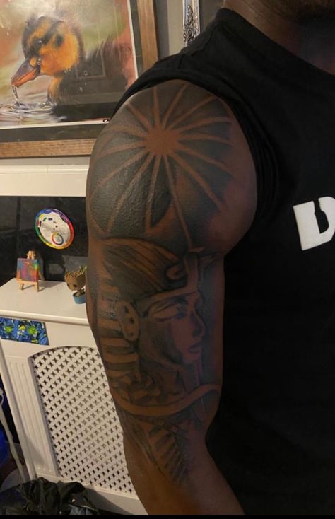 Egyptian Shoulder Tattoo Men, Dark Skin Men Tattoo Ideas, Black God Tattoo, Tattoos On Dark Skin Black Men, Egyptian Shoulder Tattoo, Black People Tattoos Dark Skin, Egyptian Tattoo Men, King Tut Tattoo, Tattoo On Dark Skin