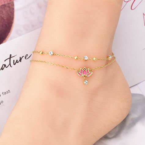 Lotus Flower 2 Layer 18k Gold Plated Layered Anklet Chain Ankle Bracelet Rhinestones -Lotus Pink Flower -2 Layered -18k Gold Plated -Material: Stainless Steel -Anklet Chain Bracelet -Rhinestones **Bundle And Save** Pokemon Bracelet, Anklets Indian, Toggle Clasp Bracelet, Anklet Chain, Homemade Bracelets, Silver Ankle Bracelet, Gems Bracelet, Stamped Bracelet, Ankle Chain