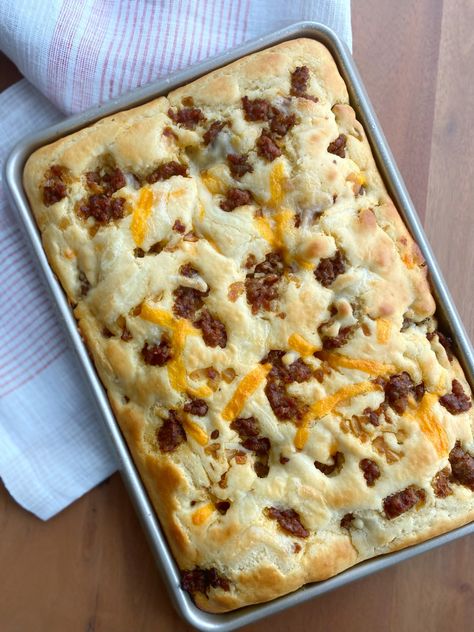 Savory Sheet Pan Pancakes with Sausage and Cheese Savory Sheet Pan Pancakes, Sheet Pan Breakfast Recipes, Link Sausage Recipes Breakfast Casserole, Sheet Pan Pancakes With Sausage, Sausage And Pancake Casserole, Pancake Sausage Casserole, Sheet Pan Pancakes From Scratch, Sheet Pancakes, Sausage Sheet Pan