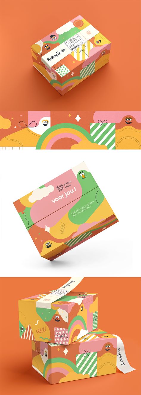 Vibrant gift box design with cute cartoon characters for a company that sells cute ankle socks with a smiley on the back. Packaging design by Vlastislav. Store Packaging, Kids Packaging, Kids Package, Socks Packaging, Dessert Packaging, Gift Box Design, Instagram Branding, Lets Talk, Box Packaging Design