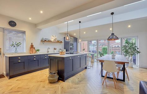 Milbourne Charcoal | Real Projects Herringbone Laminate Flooring, Herringbone Flooring, Kitchen Diner Extension, Open Plan Kitchen Dining Living, Open Plan Kitchen Diner, Floor Heating Systems, Finsbury Park, Open Plan Kitchen Dining, Open Plan Kitchen Living Room