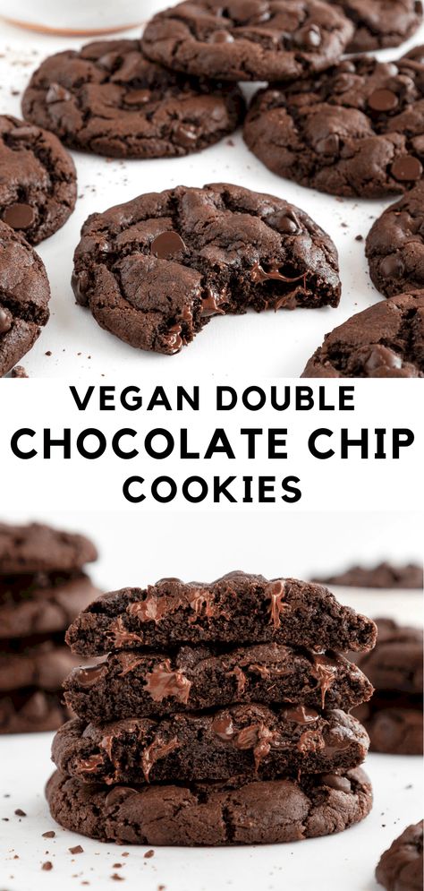 Vegan double chocolate chip cookies are chewy, soft, and a perfect dessert for chocolate lovers! The easy one bowl recipe is dairy-free, gluten-free friendly, and made with pantry staples. It's a no chill cookie dough and ready in 30 minutes or less. #vegancookies #vegandessert #chocolatechipcookies #veganbaking #cookierecipes #vegandesserts #doublechocolate #doublechocolatechip #chocolatecookies #veganchocolate #veganchocolatechipcookies Chill Cookie Dough, Dairy Free Chocolate Chip Cookies, Vegan Chocolate Cookies, Vegan Cookies Recipes, Vegan Chocolate Chip Cookies, Double Chocolate Chip Cookies, Vegan Chocolate Chip, Bowl Recipe, Pantry Staples