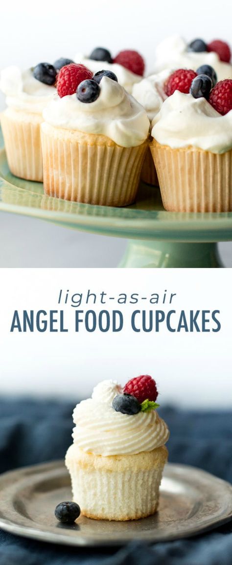 This easy recipe for light-as-air angel food cupcakes is a wonderful choice for a light summer dessert! Cupcake recipe on sallysbakingaddiction.com Light Summer Desserts, Angel Food Cupcakes, Summer Cupcakes, Food Cupcakes, Dinner Party Desserts, Dessert Party, Light Desserts, Summer Dessert Recipes, Cupcake Recipe