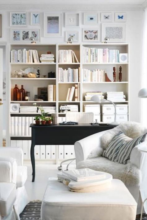 Study Sitting Room, Home Decor Catalogs, Ikea Living Room, Home Office Inspiration, French Country Living Room, Mediterranean Home Decor, White Bookcase, Furniture Placement, Country Living Room