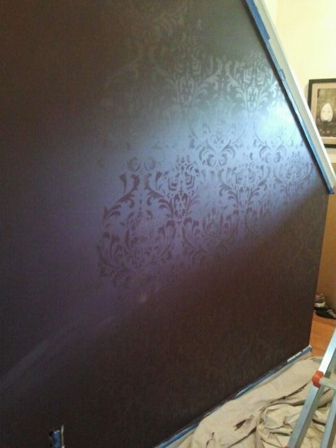 paint a wall in flat paint, then stencils in same color but semi-gloss for a lovely effect Dark Purple Wall, Paint A Wall, Damask Wall Stencils, Black Painted Walls, Charleston House, Paint Stencil, Charleston Homes, Flat Paint, Purple Walls