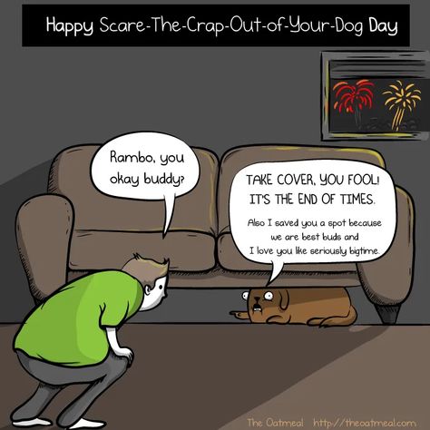 Dog Scared of Fireworks The Oatmeal Comics, Dogs And Fireworks, End Of Times, Dog People, Happy 4 Of July, Funny Comics, The Fool, Dog Love, Fourth Of July