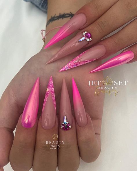 Valentines Stilletos Nails, Stiletto Valentine Nails, Stilleto Nails Valentine, Pink Nail Designs Stiletto, Neon Pink Stiletto Nails, Birthday Nails Stiletto Long, Pink Glitter Stiletto Nails, Valentines Day Nails Stiletto, Pink Stiletto Nails Designs