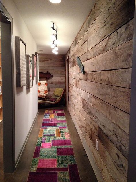 hallway_barn_wood_walls Barn Wood Accent Wall, Barnwood Wall, Barn Wood Projects, Wood Accent Wall, Wood Accent, Farmhouse Wall, Wood Accents, Wood Planks, Wooden Walls