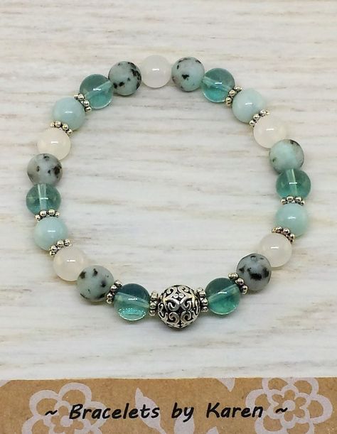 ~ Bracelets by Karen ~ Fluorite, Kiwi Jasper, White Jade and Amazonite with Silver Spacers and Focal Bead -12 Turquoise Beaded Bracelets, Kiwi Jasper, Handmade Beaded Bracelets, Friends Style, Beautiful Beaded Bracelet, Bracelets Handmade Diy, Matching Shoes, Diffuser Jewelry, Beads Bracelet Design