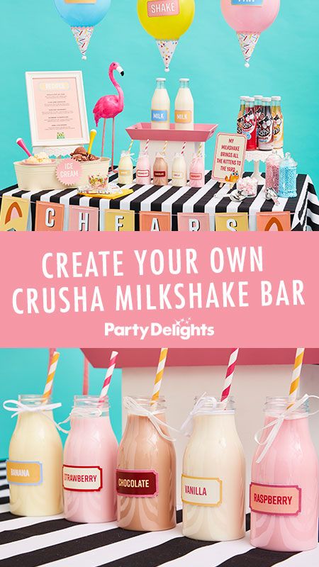 DIY Crusha Milkshake Bar with FREE printables! Looking for something to make your party memorable? How about your very own pop-up milkshake bar? We’ve created some indulgent recipes using delicious Crusha milkshake mix and come up with quirky décor ideas to help make the milkshake magic happen! Milk Shake Bar Ideas, Malt Shop Theme Party, Milkshake Bar Party, Milkshake Party Ideas, Milkshake Bar Ideas, Markdag Idees, Milkshake Party, Indulgent Recipes, Healthy Breakfast Choices