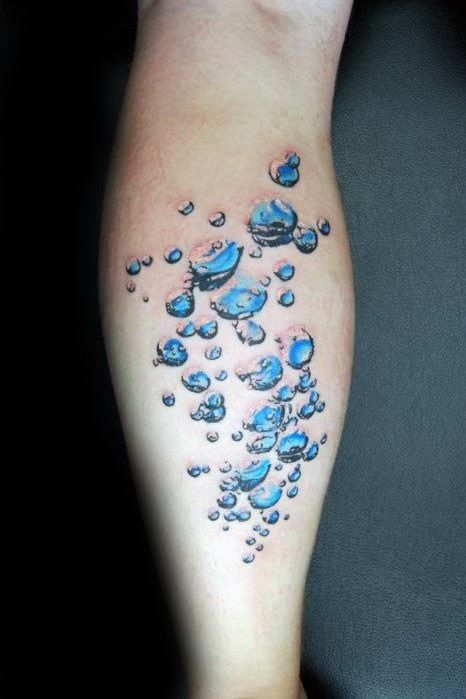 Blue Bubbles On Leg Ocean Bubbles Tattoo, Sons Tattoo, Scuba Tattoo, Bubble Tattoo, Ocean Bubbles, Dove Tattoo, Circle Tattoos, Jellyfish Tattoo, Ocean Tattoos