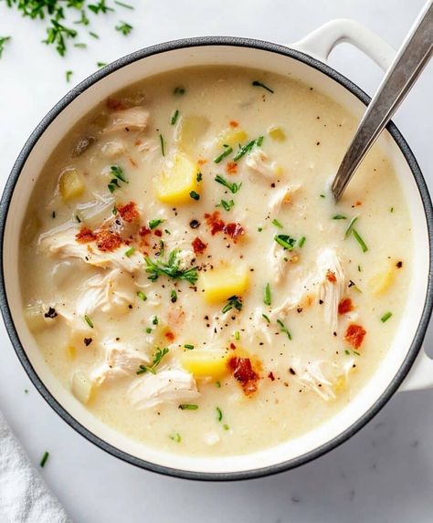 Make a rich and creamy chicken and bacon potato soup with this easy recipe! Perfect for a comforting meal, packed with flavor, and ready in under an hour. Chicken Soup Potato, Rotisserie Chicken Potato Soup, Creamy Chicken And Potato Soup, Chicken Soup With Potatoes, Potato And Chicken Soup, Potato Soup With Chicken, Creamy Chicken Potato Soup, Potato Chicken Soup, Chicken And Potato Soup