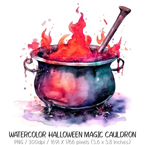 Witch And Cauldron Drawing, Halloween Watercolour Painting, Cauldron Drawing, Watercolour Halloween, Cauldron Clipart, Potion Witch, Magic Cauldron, Etsy Halloween, Witch Design