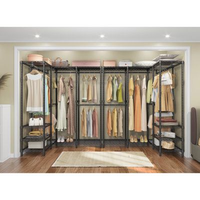 Dimensions: 53.75" L x 38" W x 75.6" H; Depth: 15.75".Features:Strong bearing capacity: Designed to be durable and sturdy, this heavy-duty wardrobe closet is made of high-quality iron, it's strong enough to hold your heavy winter coats, suits, dresses, and everything in between. Multifunction closet rack: Brilliant l40 l-shaped garment rack is designed for small spaces to maximize your storage spaces. It features 6 height adjustable shelves for extra storage capacity, you can customize the heigh Spare Room Closet, Organized Wardrobe, Freestanding Closet, Corner Closet, Free Standing Closet, Closet Rack, Metal Clothes Rack, Heavy Duty Clothes Rack, No Closet Solutions