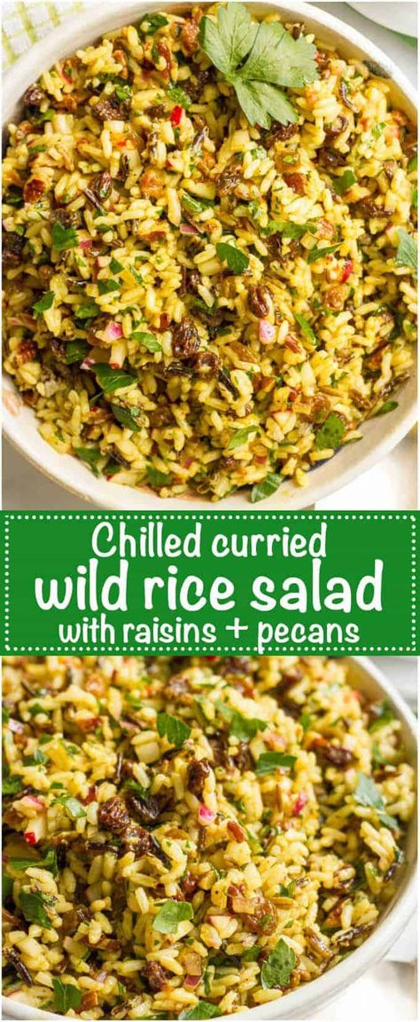 This cold curried wild rice salad with raisins and pecans has amazing flavors and textures and is perfect as a make-ahead dinner side dish or lunch. You’ll be addicted! Salad With Raisins, Rice Salad Recipes, Wild Rice Salad, Vegetarian Curry, Easy Side Dish, Dinner Side Dishes, Rice Salad, Dinner Sides, Wild Rice