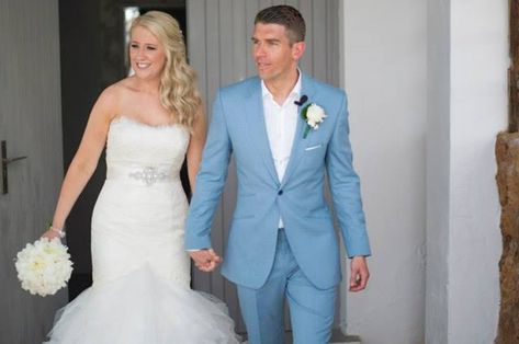 Sky blue Marc Wallace suit Sky Blue Groom Suit, Blue Wedding Suit Groom, Blue Groom, Sky Blue Weddings, Baby Blue Weddings, Groom Suits, Wedding Tux, Groom Wedding Attire