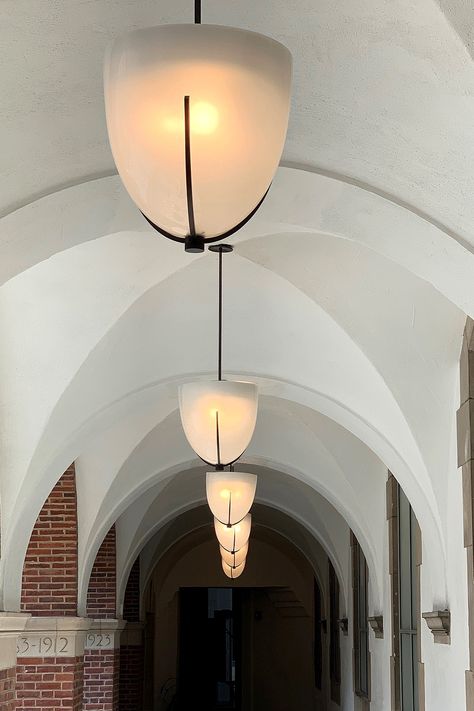 Loving the repetition of crisp, white arches and inverted, milky domes as you look down the hall of this recent custom project.    #remainslighting #customlighting #domependant #domelight #custommade #lighting #madeinnyc #lightingdesign #interiordesign Custom Light Fixtures, I Love Lamp, Fancy Houses, Light My Fire, Lighting Design Interior, Dome Lighting, Pendant Lights & Chandeliers, Luxury Lighting, Lighting Inspiration