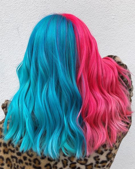 Bright & Beautiful: Trendy Hairstyles That Bring a Pop of Color to Your Look Pink And Blue Half And Half Hair, Pink And Blue Hair Half, Dyed Hair Roots Showing, Bubblegum Blue Hair, Half Half Hair Color, Neon Hair Color Ideas, Pulpriot Haircolor, Blue Pink Hair, Dorothy Martin