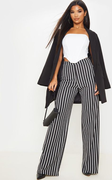 Black and White Wide Leg Stripe Trouser Black Wide Leg Pants With Contrast Stripes, Side Stripe Wide Leg Trousers, Black Trousers With Side Stripes, Black Wide-leg Pants With Contrast Stripes, Luxury Striped Wide-leg Pants, White Corset Top, White Corset, High Ankle Boots, Black Pins