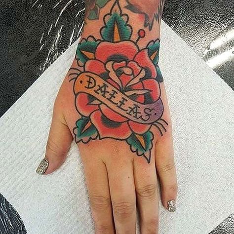 Traditional Tattoo Names, Rose Tattoo With Name, Traditional Hand Tattoo, Male Tattoos, Sunset Tattoo, Skull Hand Tattoo, Names Tattoos For Men, Rose Hand Tattoo, Traditional Rose