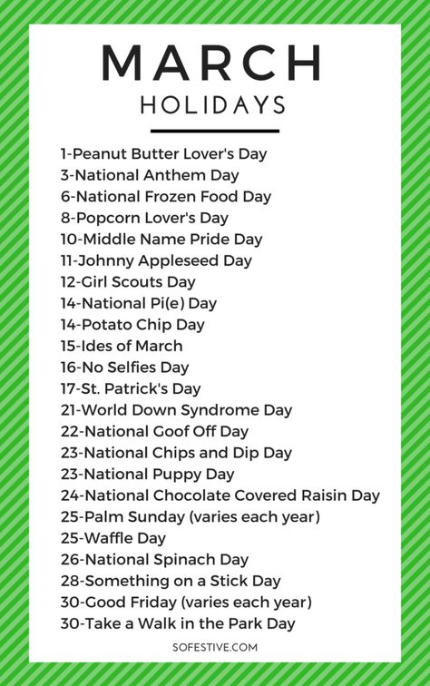 March Holidays- Random March Food Holidays March Activity Ideas For Seniors, March Whiteboard Ideas, March Treats, Geriatric Activities, January Holidays, Monthly Holidays, Monthly List, National Holiday Calendar, Funny Holidays