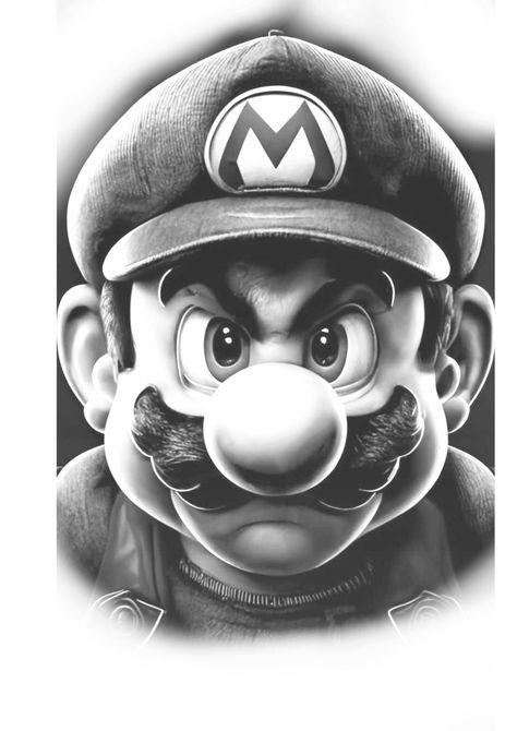 Super Mario Black And White, Mario Tattoo Design, Mario Tattoo Ideas, Skull Artwork Illustrations, Angle Tattoo, Drawings With Meaning, Mario Tattoo, Cherub Tattoo, Realistic Tattoo Sleeve