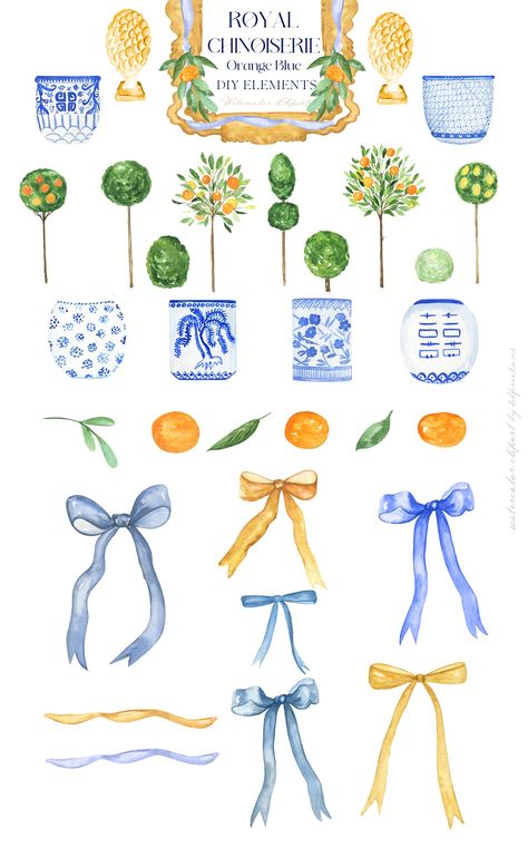 Chinoiserie Pattern Design, Chinoiserie Clipart, Orange Chinoiserie, Chinoiserie Wedding, Chinoiserie Pattern, Blue And White Chinoiserie, Arte Floral, Watercolor Clipart, Chinoiserie