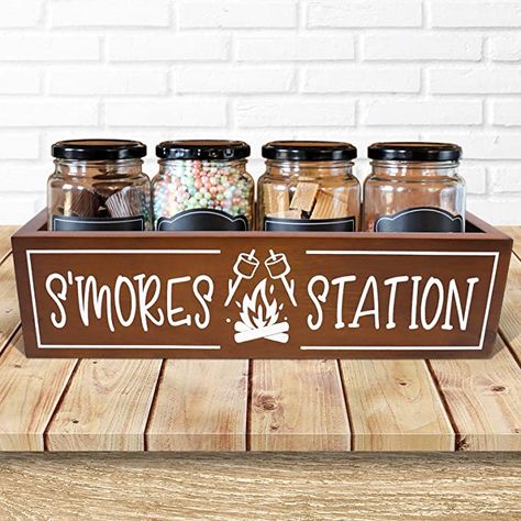 S’mores Storage Ideas, Smores Storage Ideas, Smores Station Diy, Smores Storage, Bbq Storage, Smores Station, Kitchen Decor Rustic, Ski Party, Wood Organizer