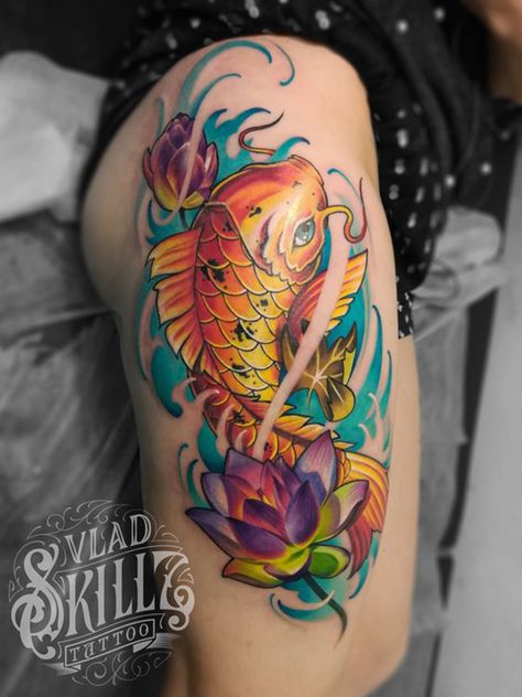 Golden Koi with Lotus Flowers Coy Fish Tattoos, Koi Fish Tattoos, Koi Tattoo Sleeve, Koi Tattoo Design, Hip Thigh Tattoos, Pisces Tattoos, Koi Tattoo, Hip Tattoos Women, Koi Fish Tattoo