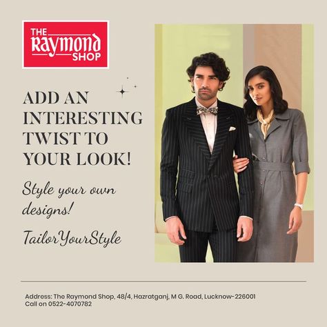 Enhance your style and make a statement! Customize your own style with us! Book a free home visit or visit the store today!! Address The Raymond Shop, 48/4, Hazratganj, M G. Road, Lucknow-226001 or call on 07318042424 . . . . . . . #Raymond #TheCompleteMan #menswear #MensStyle #joyofgiving #styleinspiration #meninspiration #mensfashion #style #fabrics #tailoryourstyle #fashionformen #Menstyle. #menfashion Raymond Shop, Own Style, Twist, Style Inspiration, Road, Fabric, Clothes, Design