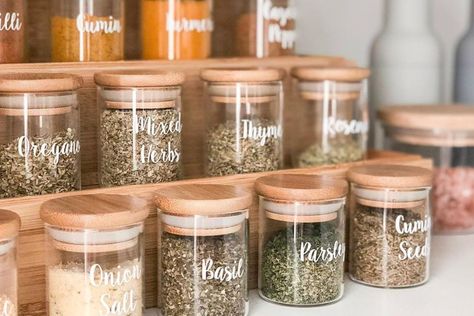 This $36 DIY Kmart spice rack will make you feel like you've got your life under control. Spice Rack Hack, Pantry Hacks, Wooden Spice Rack, Pantry Organisation, Large Pantry, Spice Labels, Kitchen Organisation, Spice Organization, Home Organisation