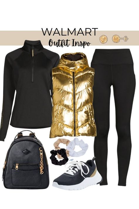 Puffy Vest Outfit, Gold Vest, Walmart Outfits, Vest Outfits For Women, Athleisure Outfit, Earrings Outfit, Walmart Fashion, Gold Outfit, Winter Fit