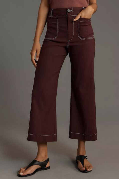 The Colette Cropped Wide-Leg Pants by Maeve: Contrast-Stitch Edition | Anthropologie Check Pants, Brown Fits, Cropped Wide Leg Pants, Perfect Pant, Of Outfits, High Rise Pants, Cotton Viscose, Contrast Stitch, Wide Leg Pants