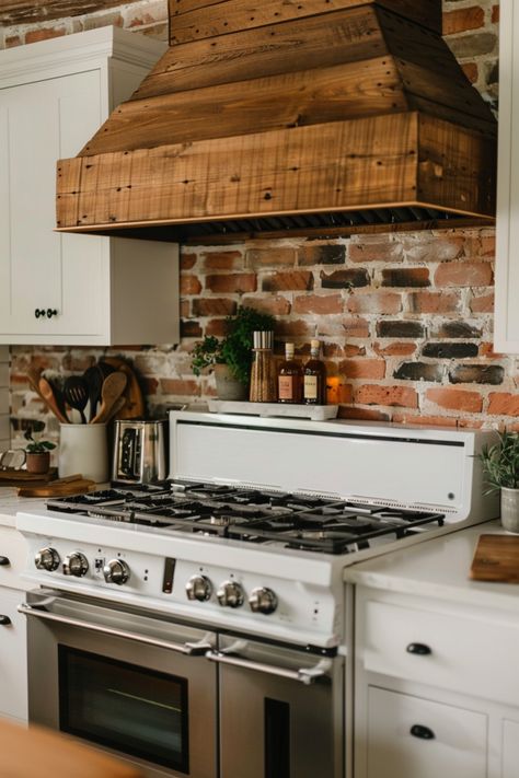 Add Character with a Brick Backsplash in Your Farmhouse Kitchen - Quiet Minimal Shiplap And Brick Kitchen, Indoor Brick Wall Ideas Kitchen, Brick Oven Hood, Brick Kitchen Backsplash Ideas, Wood Backsplash Kitchen, Brick Kitchen Ideas, Fun Kitchens, Brick And Shiplap, Kitchen Brick Wall