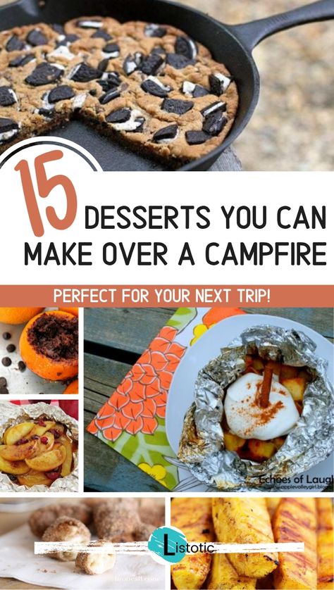 Sweet desserts you can make while camping or enjoying an outdoor bonfire. Easy ingredients to prepare ahead or whip up on the spot. Kids and adults will enjoy these simple campfire recipes. See all 15 sweet ideas to make for your next outdoor adventure. Save this Pin and find more ideas for a happy wholesome life on Listotic. Easy Camp Desserts, Easy Camping Desserts Make Ahead, Campfire Desserts Easy, Fire Pit Desserts, Delicious Easy Desserts, Desserts For Camping, Foil Packet Desserts, Camp Desserts, Outdoor Bonfire