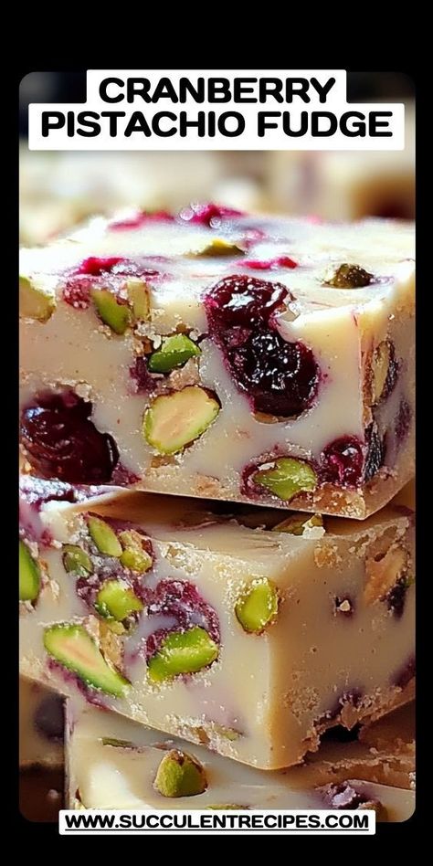 Cranberries and pistachios come together in this smooth, melt-in-your-mouth fudge, creating a delightful sweet-and-salty treat. Perfect for gifting or serving at your next holiday gathering. Pistachio Candy Recipes, Pistachio Fudge Recipe Easy, Pistachio Candy, Pistachio Nougat Recipe, Pistachios Recipes, Fruit Fudge, Pistachio Fudge Recipe, Candied Pistachios, Cranberry Pistachio Fudge