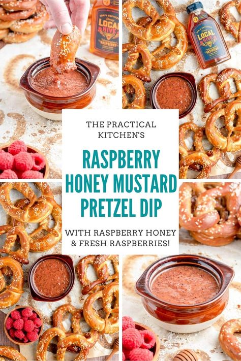 This raspberry honey mustard pretzel dip has everything. Sweetness from raspberry honey, tartness from fresh raspberries, and a sharp tangy bite from two different types of mustard to round it out. This isn't quite a copycat of the Harry & David raspberry honey mustard pretzel dip; it's it's own recipe. But if you love that soft pretzel dipping sauce, you'll love this one too. This dip is made with fresh raspberries and a raspberry honey and is so good with pretzels, on sandwiches, and more! Raspberry Honey Mustard Dip, Soft Pretzel Dipping Sauce, Honey Mustard Pretzel Dip, Mustard Pretzel Dip, Pretzel Dipping Sauce, Honey Mustard Wings, Raspberry Mustard, Cheese Plates Appetizer, Pretzel Dip Recipes