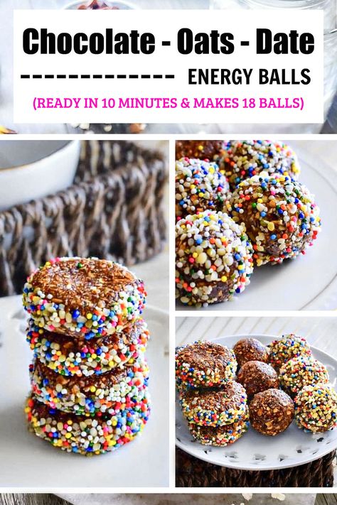 Chocolate Oats Date Energy Balls Recipe using cocoa powder (no-cook & no added sugar) Date Energy Balls, Energy Balls Recipe, Healthy Party Snacks, Mouthwatering Desserts, Energy Ball Recipe, Healthy Bars, Snack Bites, No Cook, Chocolate Oats