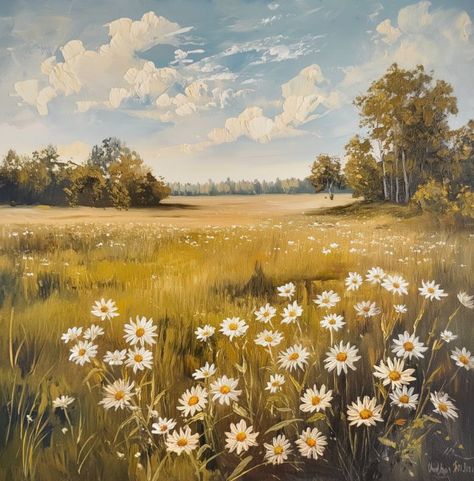 Oil painting of a field with daisies - Maxleron Flowers And Grass Painting, Daisy Field Drawing, Flower Painting Daisy, Field Of Daisies Painting, Landscape With House Painting, Wild Flower Field Painting, Paintings Of Daisies, Flower Fields Painting, Nana Painting