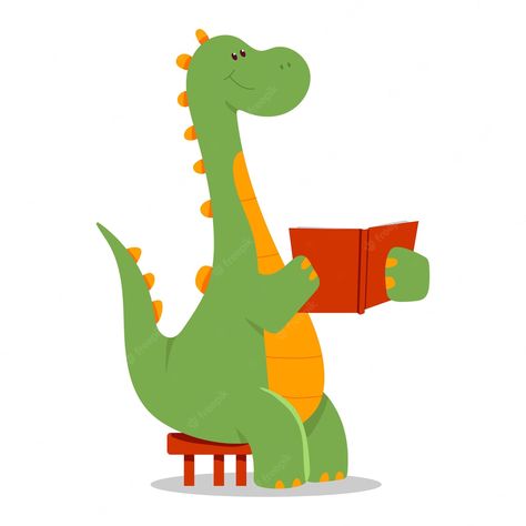 Dinosaur Reading A Book, Dinosaur Reading, Dinosaur Display, Reading Books Illustration, Reading Cartoon, Dinosaur Exhibition, Preschool Designs, Book Cartoon, Book Vector