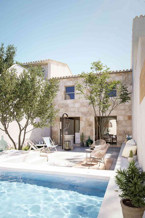 Mediterranean Courtyard, Modern Courtyard, Courtyard Pool, Small Patio Garden, Front Courtyard, Courtyard Design, Small Courtyards, Beautiful Farmhouse, Villa With Private Pool