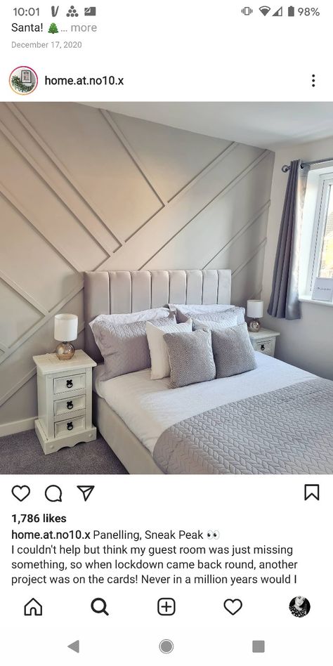 Geometric Panelling Bedroom, Behind Bed Panelling, Panelling Behind Bed, Bedroom Wall Diy, Diy Paneling, Asymmetric Panelling, Wall Behind Bed, Bedroom Redo, Wall Diy