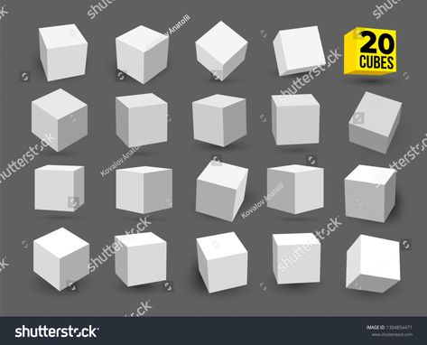 Set of white 3D cubes pack isolated on white background. Different light, perspective and angle. Vector illustration. Isolated on gray background. #Ad , #AFFILIATE, #pack#isolated#background#Set Cubes From Different Angles, Cubes In Different Angles, Cube From Different Angles, Cube Reference, Basic Perspective, Practice Drawing Shapes, Form Reference, Light Perspective, Drawing Shapes