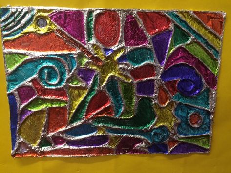 Ms Wards Classroom: Foil Embossing Art Lesson Embossed Tin Foil Art, Embossed Foil Art, Foil Embossing For Kids, Tin Foil Sculptures For Kids, Aluminium Foil Crafts, Foil Art Projects For Kids, Foil Relief Art, Tin Foil Painting, Foil Art For Kids