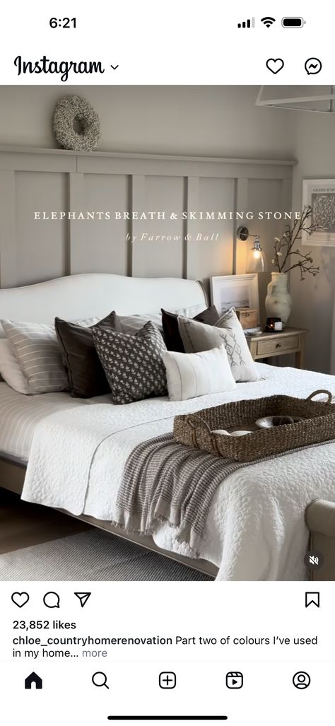 Wayne Scotting, Bedroom Wainscoting Ideas, Gray Wainscoting, Bedroom Wainscoting, Wainscoting Ideas, Elephants Breath, Skimming Stone, Master Bedding, Wainscoting