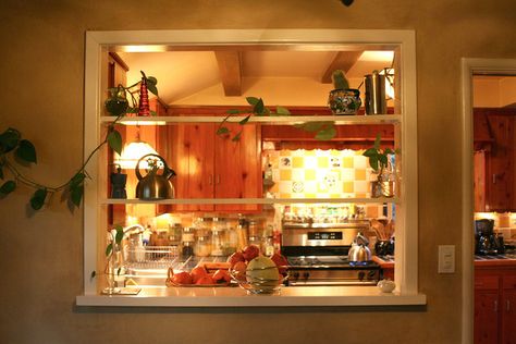 Pass-through view from the dining room into the kitchen #Craftsman #home Pass Through Window Kitchen To Living With Shelves, Kitchen Hatch Window, Pass Through Window Kitchen To Living Decor, Pass Through Window Decorating Ideas, Kitchen Pass Through Shelves, Pass Through Window Decor, Passthrough Window Kitchen Living Room, Kitchen Window To Living Room, Pass Through Window Kitchen To Living