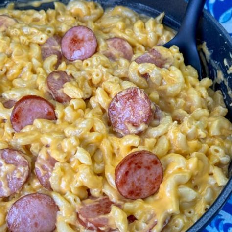 Mac And Cheese And Sausage, Homemade Mac And Cheese With Sausage, Smoked Sausage Mac And Cheese, Sausage Mac And Cheese Recipe, Firehouse Meals, Sausage Mac And Cheese, Baked Pasta Casserole, Easy Mac N Cheese Recipe, Kielbasa And Potatoes